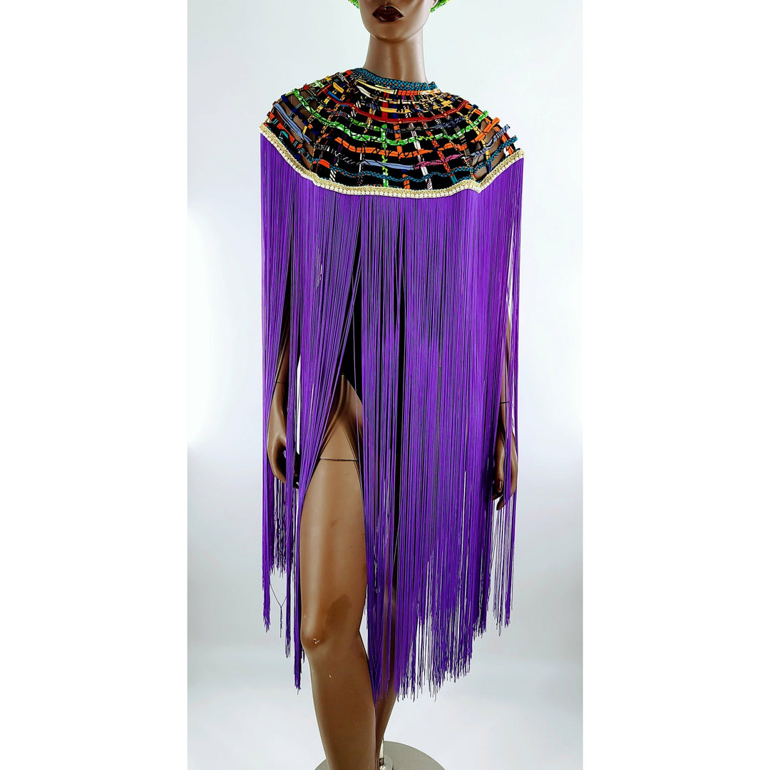 Queen Ankara Laced /Laticed Long Fringe Cape- Pearl Trim