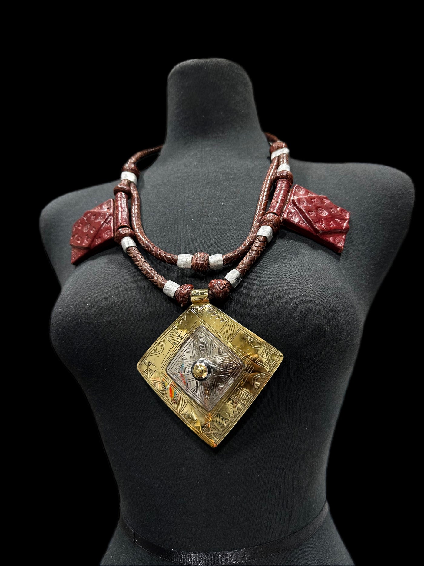 Mali Artisan Brass Pendant leather Necklace