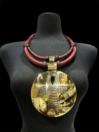 Papano leather and Oversized brass pendant Necklace