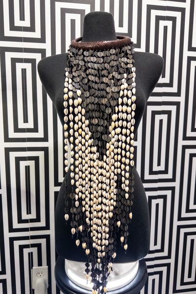 Meraki Extra Long vintage Vinyl, Cowry Shell and Leather Necklace