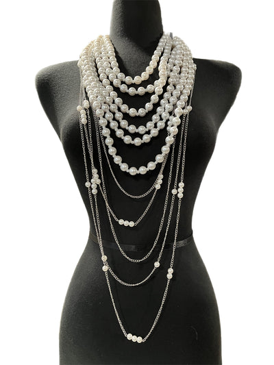 The Marquise Multi-Layer Pearl Strand Bib Necklace