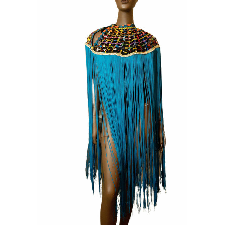 Queen Ankara Laced /Laticed Long Fringe Cape- Pearl Trim