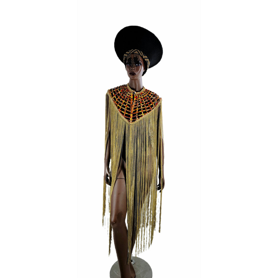 Queen Ankara Laced /Laticed Long Fringe Cape- Pearl Trim