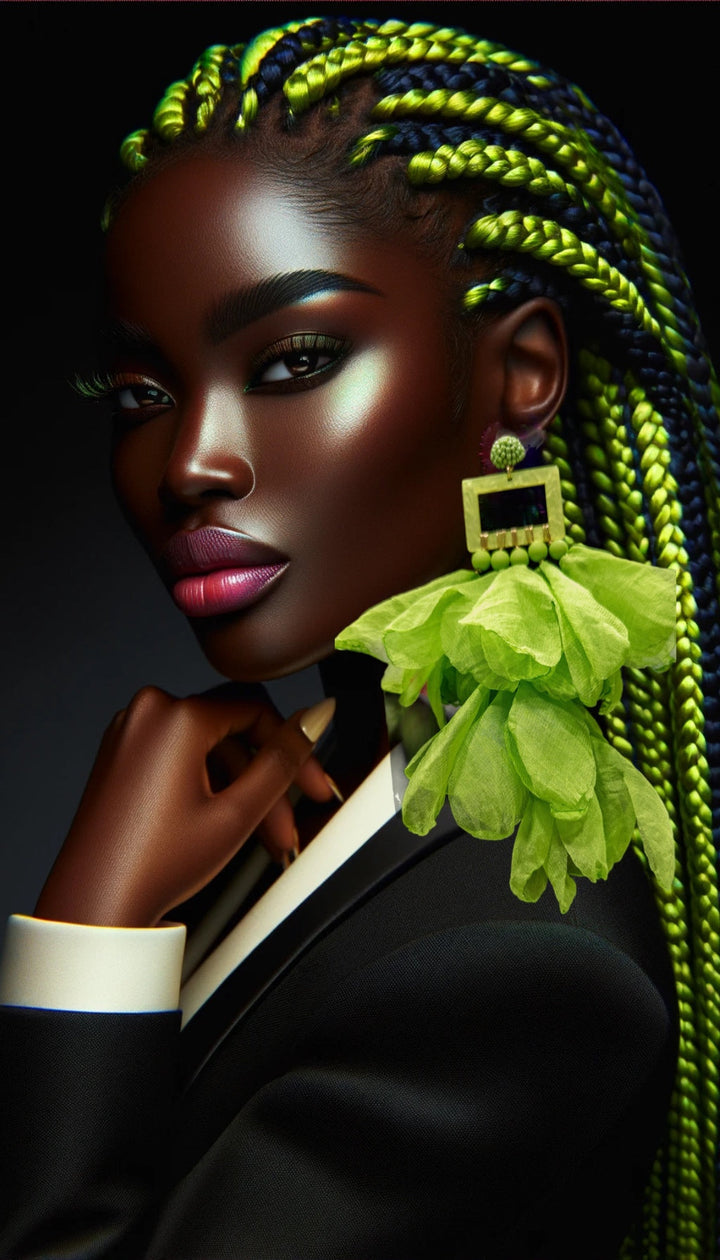 Neon Green Clip On Nonso Square top flower petal earrings