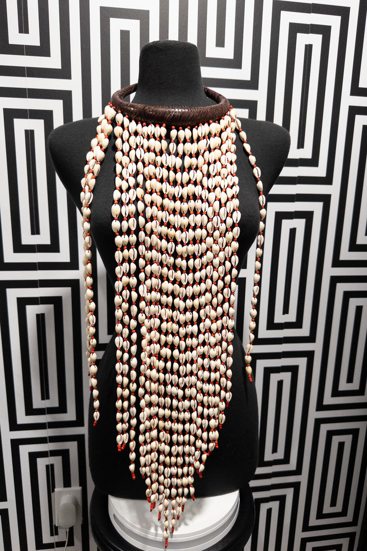 Meraki Extra Long vintage Vinyl, Cowry Shell and Leather Necklace