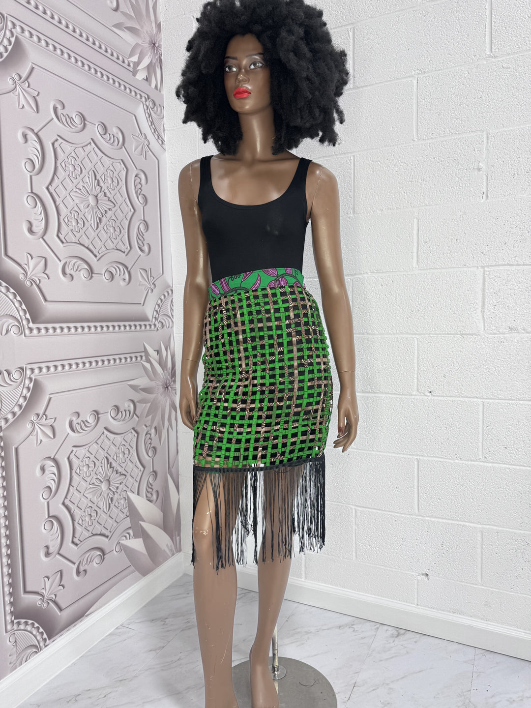 Nyakim Ankara Laced pencil Skirt with fringe