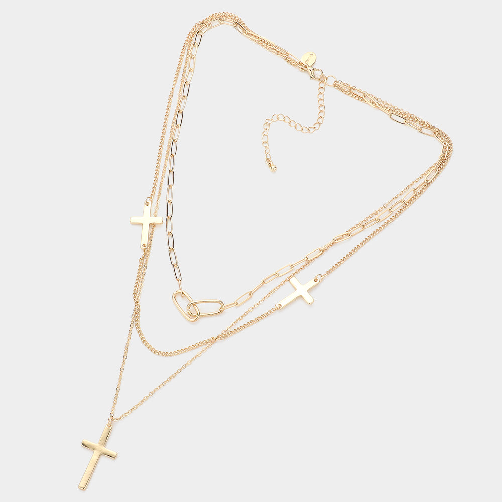 Cross Pendant Triple Layered Necklace