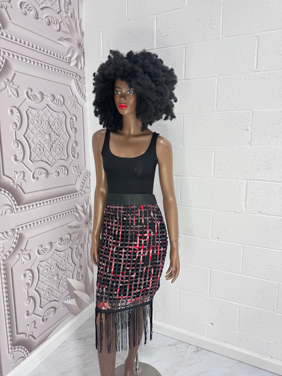 Nyakim Ankara Laced pencil Skirt with fringe