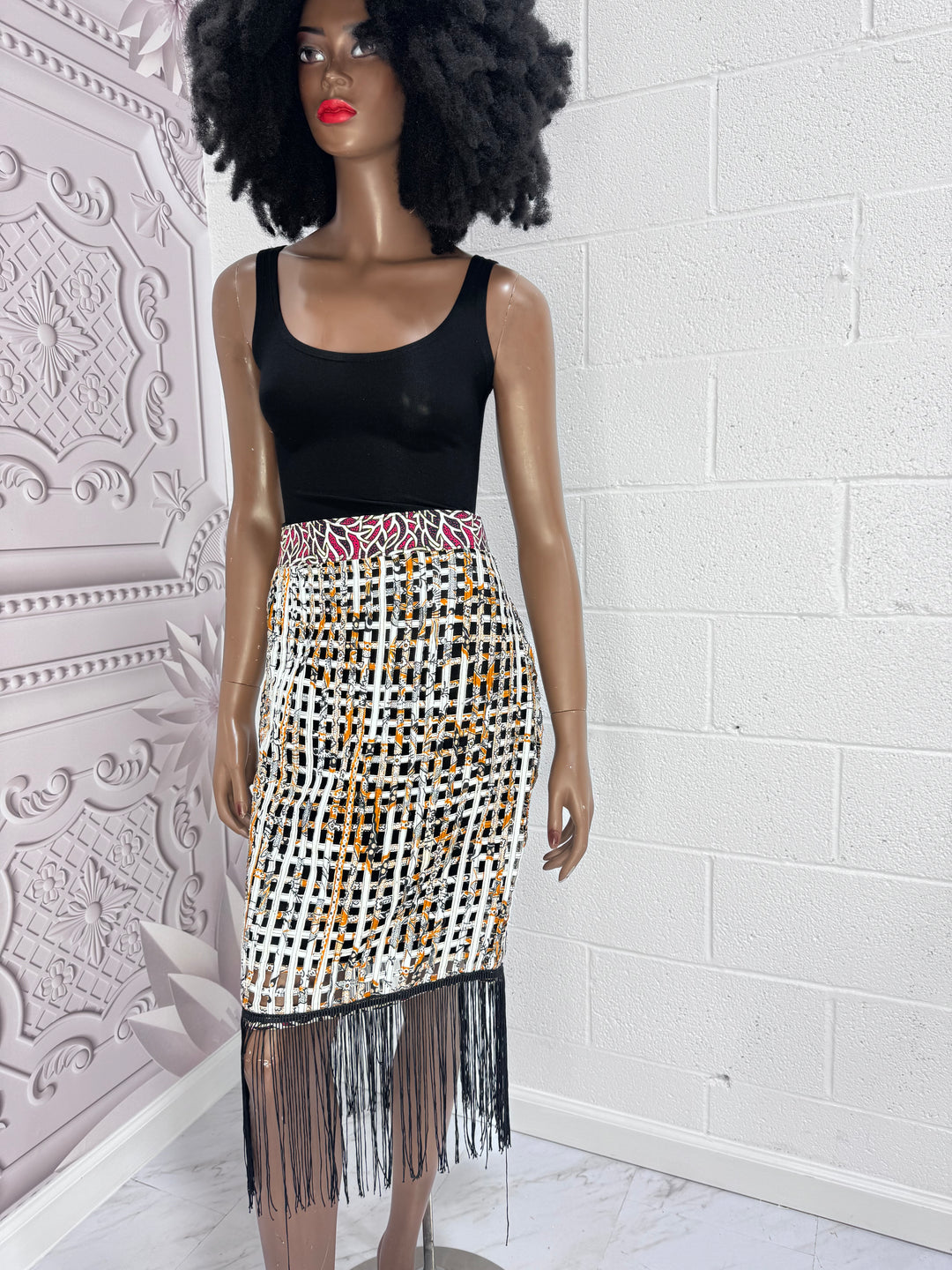 Nyakim Ankara Laced pencil Skirt with fringe