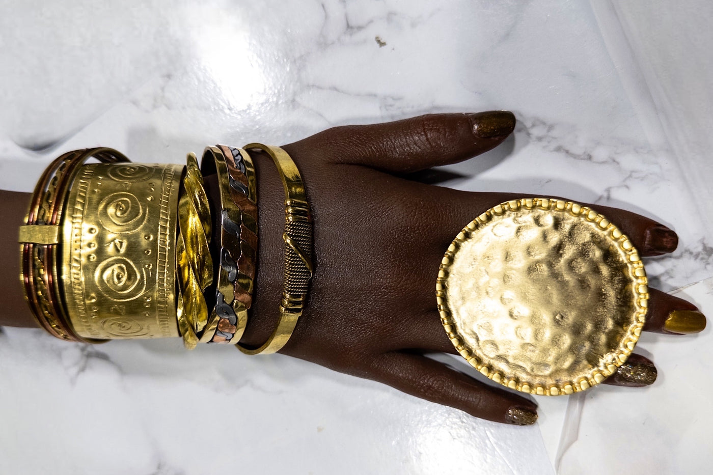 Hammered circular Gold Plated on Brass Statement Adjustable Ring