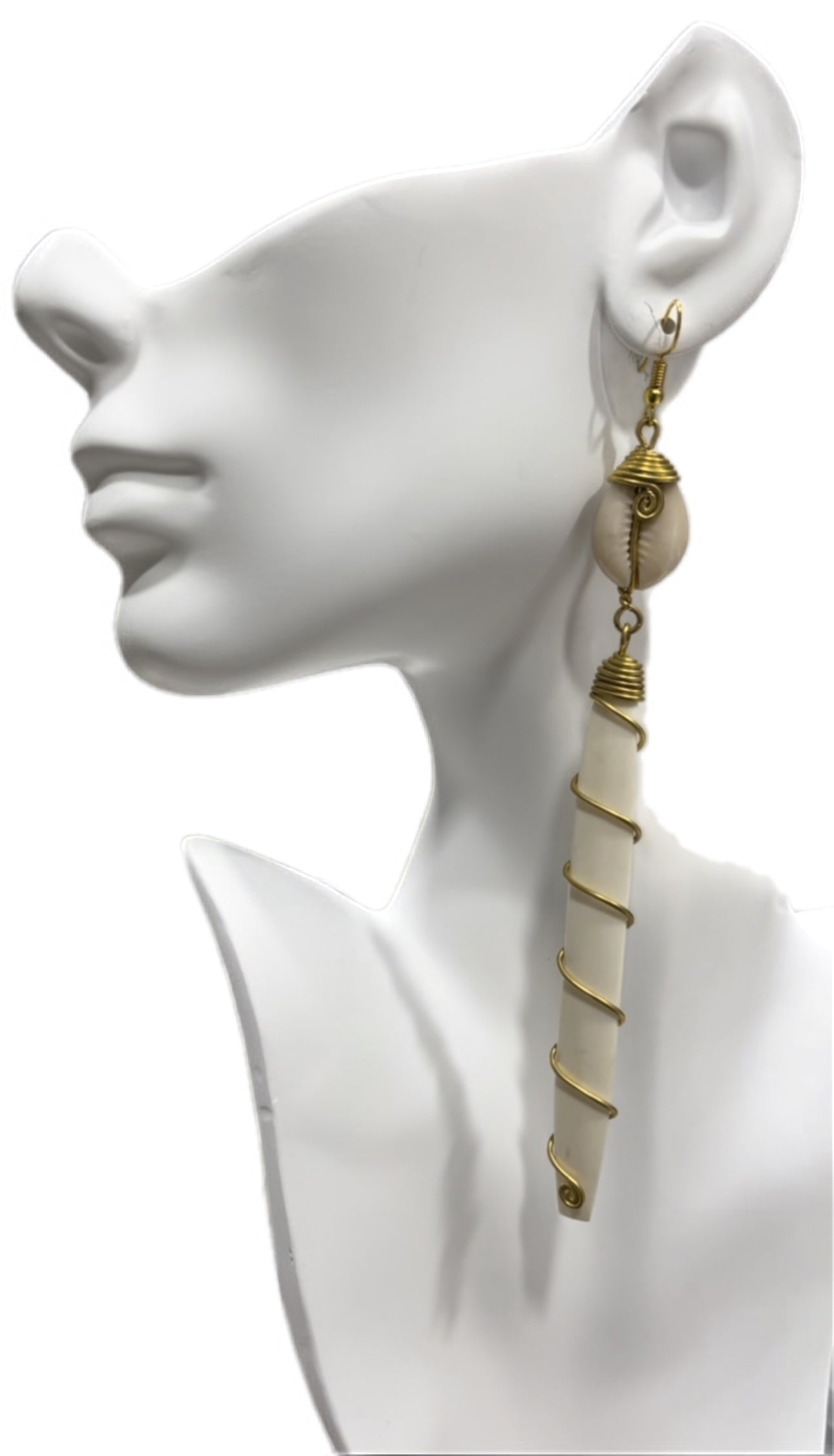 Coiled Brass Wire on Bone with Cowrie Earring
