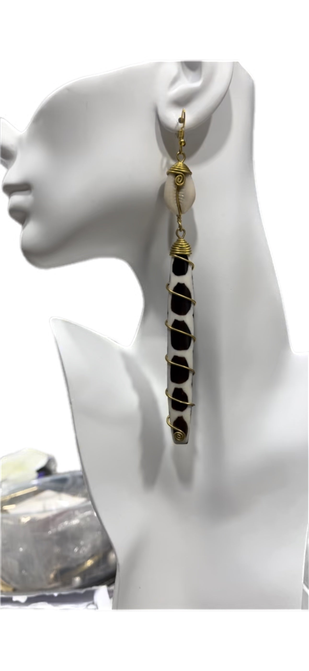 Coiled Brass Wire on Bone with Cowrie Earring