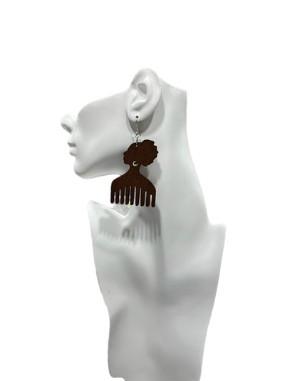 Afro comb and adinkra symbols Wooden Earrings