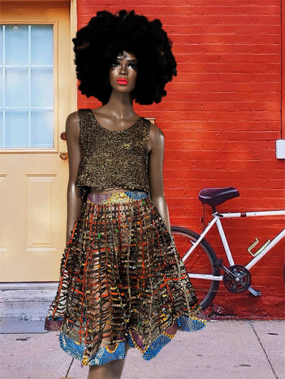Brown/bronzed Ankara Laced Midi Skirt