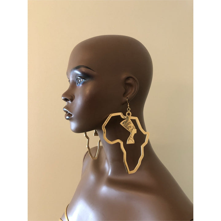 Africa Map Dangling Earrings with Nefertiti Head pendant - Trufacebygrace