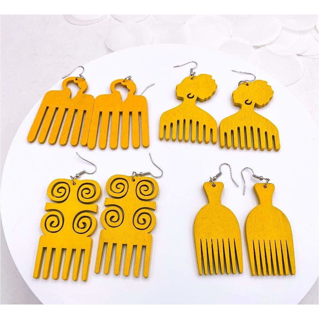 Afro comb and adinkra symbols Wooden Earrings - Trufacebygrace