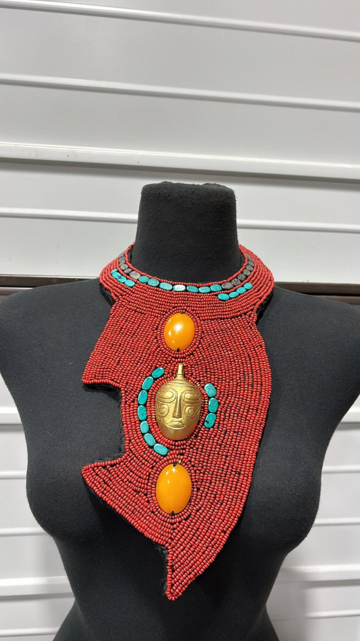 Ancient Aura Mask and beads Statement Necklace Beaded Collar Neckpiece - Trufacebygrace