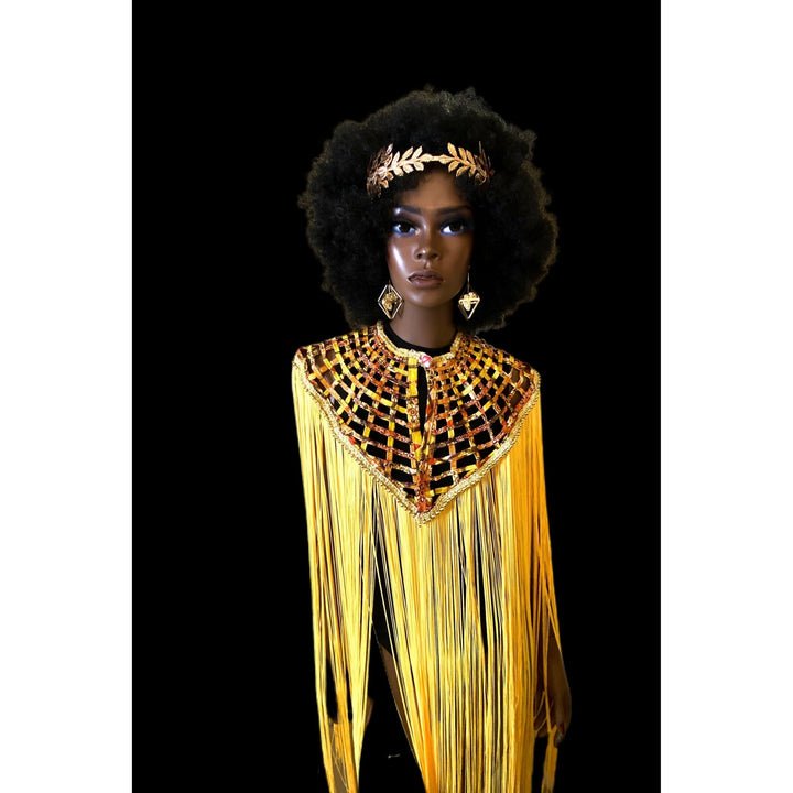 Ankara Queen Cape with long Fringe - V Shape Yellow Fringe - Trufacebygrace