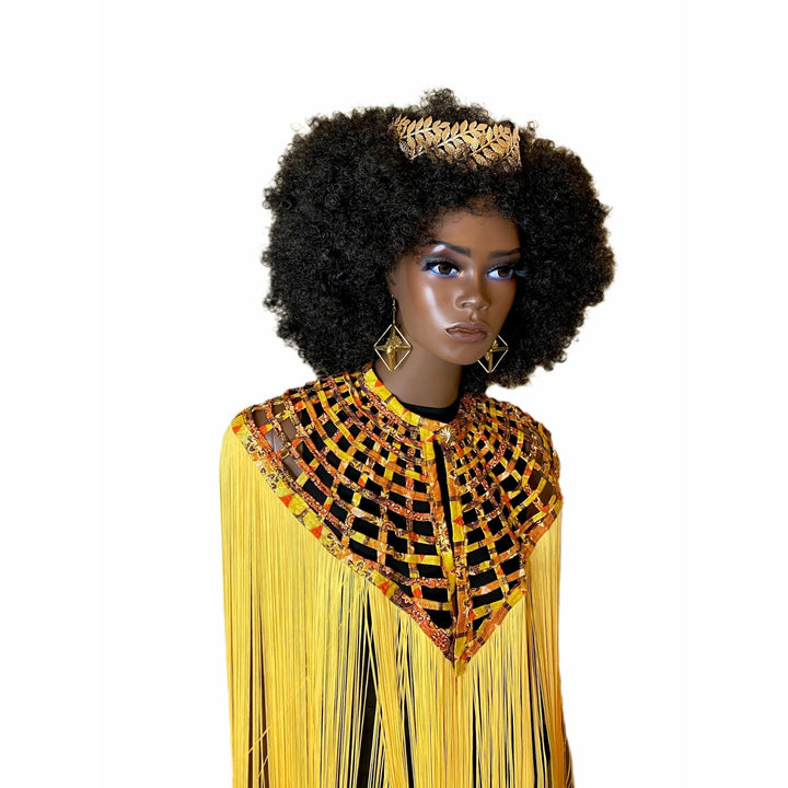 Ankara Queen Cape with long Fringe - V Shape Yellow Fringe - Trufacebygrace