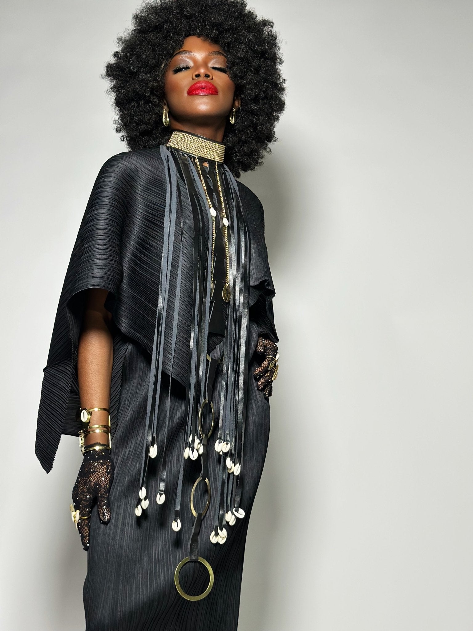 Beaded Collar, cowry and faux leather fringe necklace - Trufacebygrace
