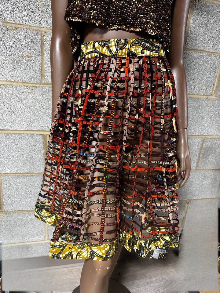 Brown/bronzed Ankara Laced Midi Skirt - Trufacebygrace