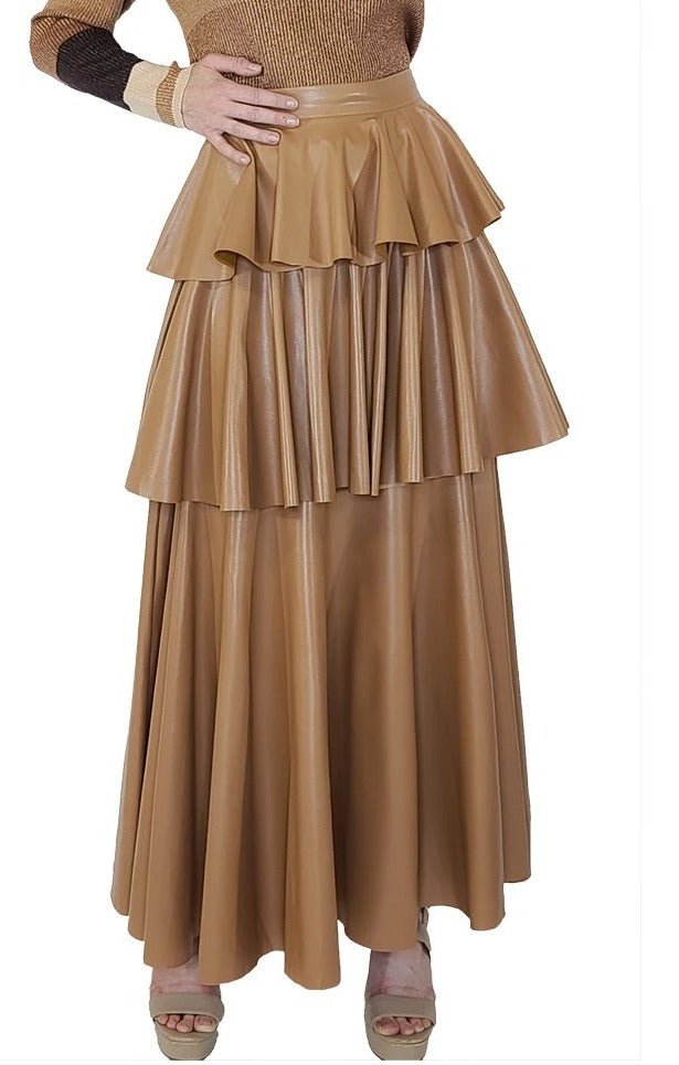 Fatima Tiered Faux Leather Midi Skirt - Trufacebygrace