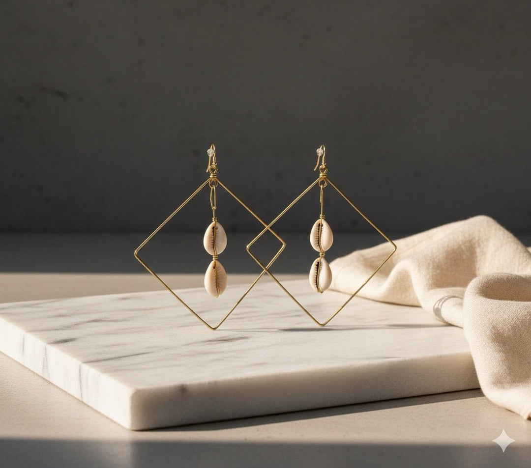 Geometric Cowrie Shell Dangle Earrings - Trufacebygrace