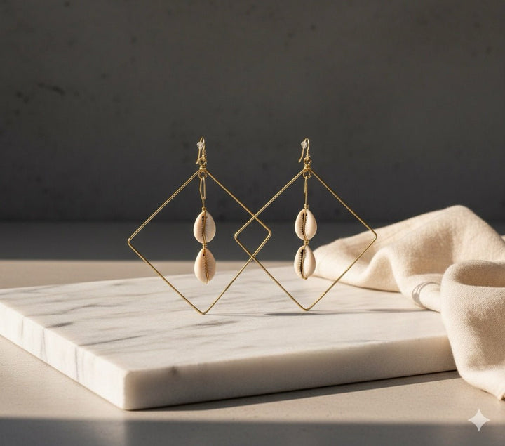 Geometric Cowrie Shell Dangle Earrings - Trufacebygrace