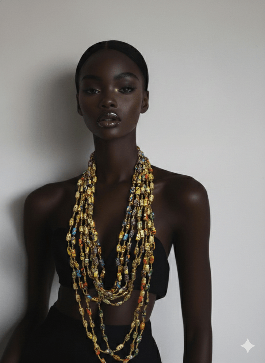 Gold - Woven Ankara Fabric Link Necklace - Trufacebygrace