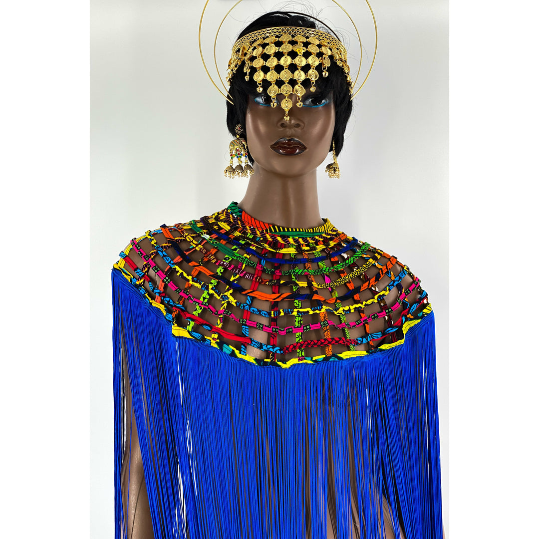 Queen Ankara Laced /Laticed Long Fringe Cape - Pearl Trim - Trufacebygrace