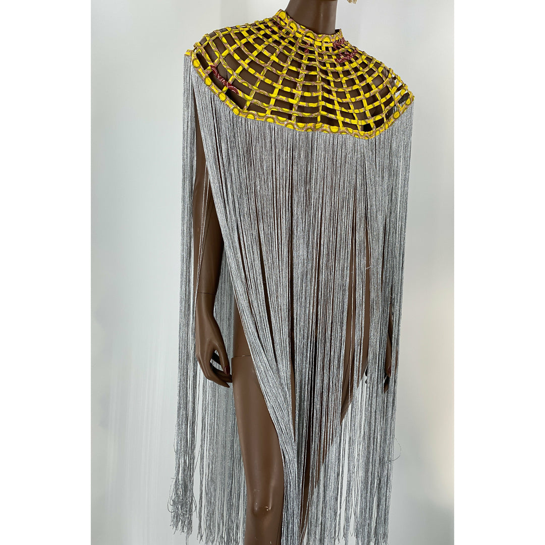 Queen Ankara Laced /Laticed Long Fringe Cape- Pearl Trim