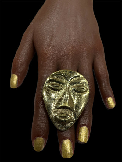 I will conquer African Mask Brass statement ring and bracelet