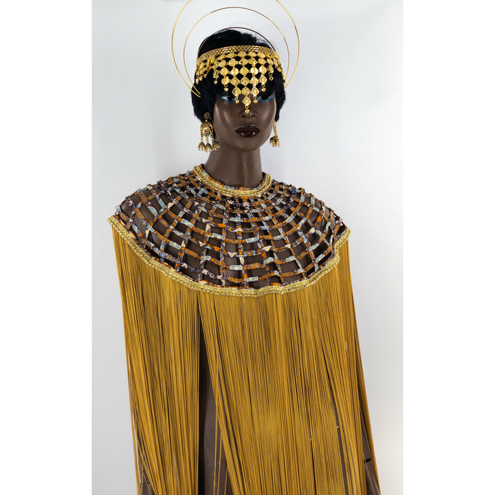 Queen Ankara Laced /Laticed Long Fringe Cape - Pearl Trim - Trufacebygrace