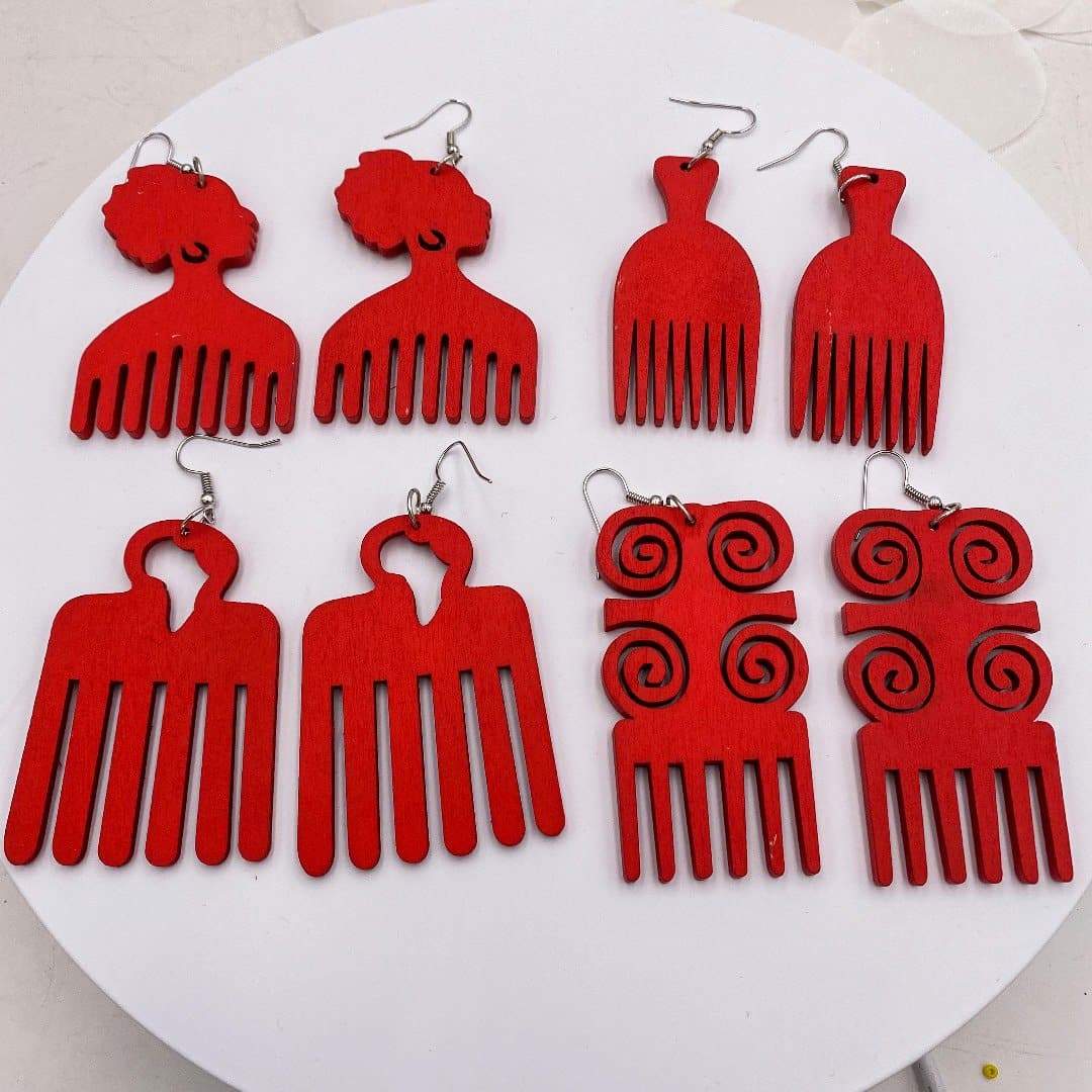 Afro comb and adinkra symbols Wooden Earrings - Trufacebygrace