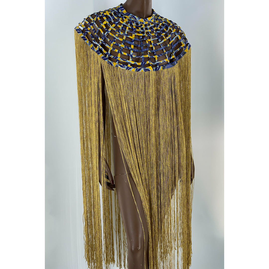 Queen Ankara Laced /Laticed Long Fringe Cape- Pearl Trim