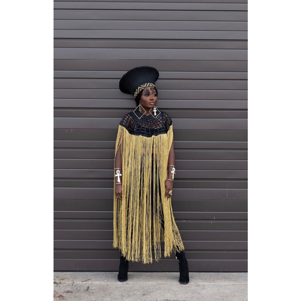 Queen Ankara Laced /Laticed Long Fringe Cape - Pearl Trim - Trufacebygrace