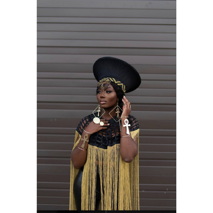 Queen Ankara Laced /Laticed Long Fringe Cape- Pearl Trim