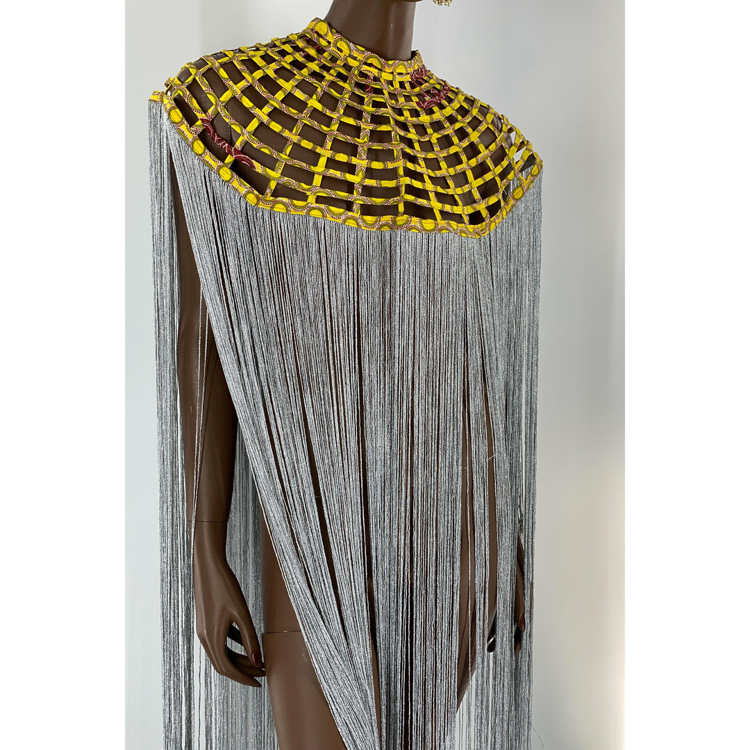 Queen Ankara Laced /Laticed Long Fringe Cape- Pearl Trim