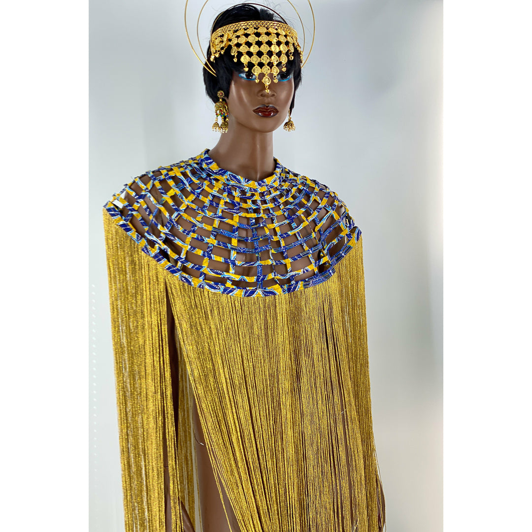 Queen Ankara Laced /Laticed Long Fringe Cape- Pearl Trim