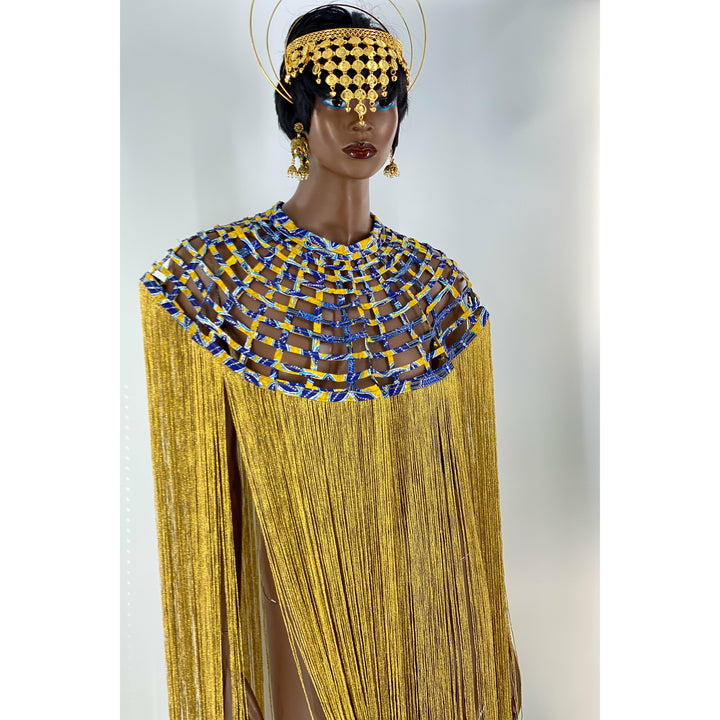 Queen Ankara Laced /Laticed Long Fringe Cape - Pearl Trim - Trufacebygrace