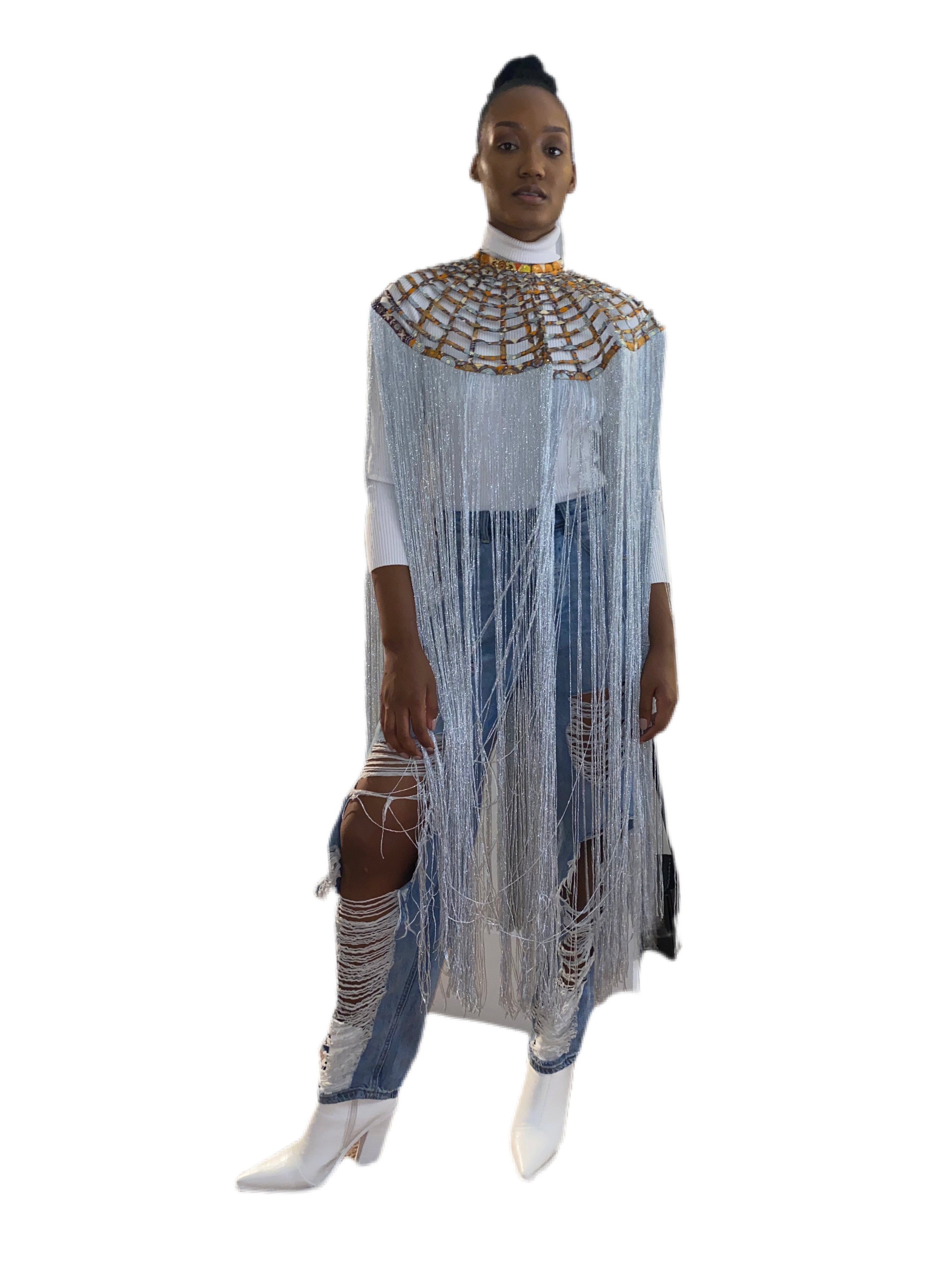 Queen Ankara Laced /Laticed Long Fringe Cape - Pearl Trim - Trufacebygrace