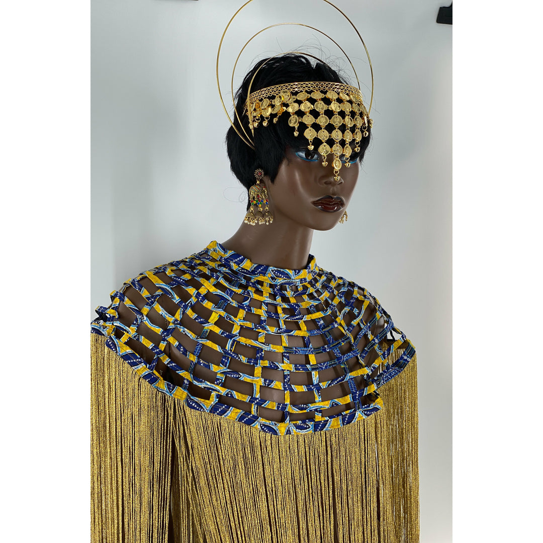 Queen Ankara Laced /Laticed Long Fringe Cape - Pearl Trim - Trufacebygrace