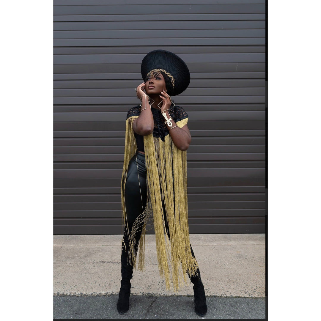 Queen Ankara Laced /Laticed Long Fringe Cape- Pearl Trim