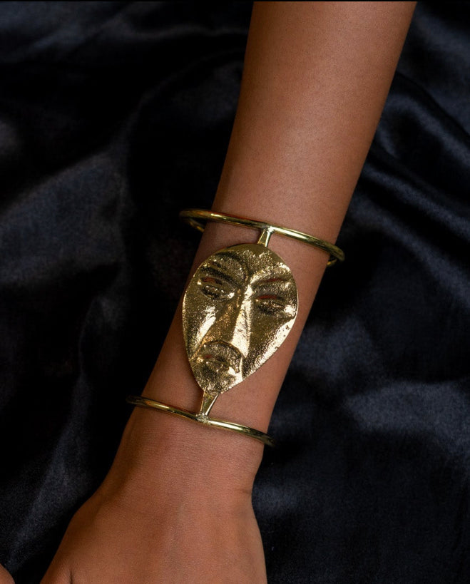 I will conquer African Mask Brass statement ring and bracelet