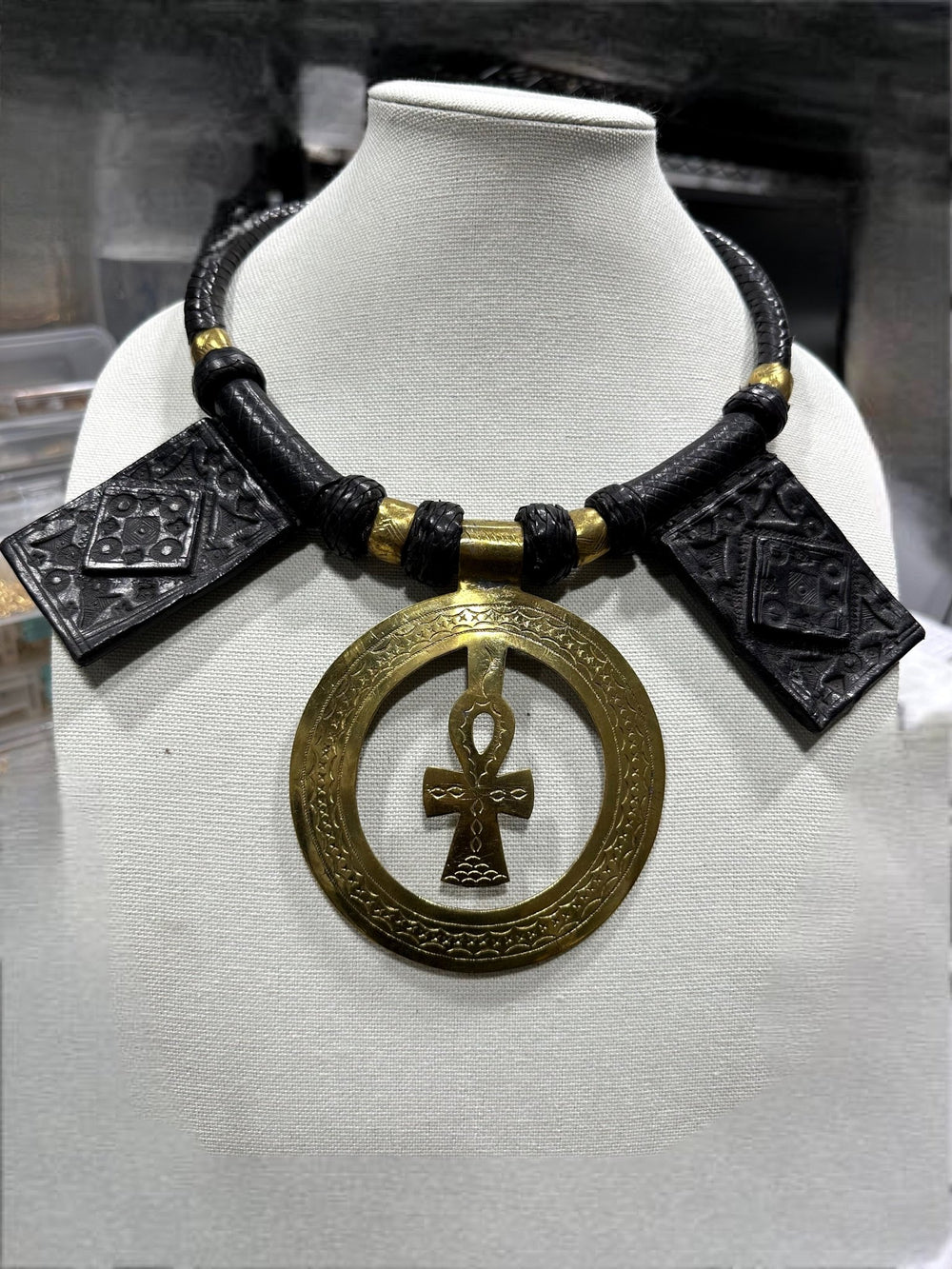 Issak Genuine Leather and oversized Ankh Pendant Necklace - Trufacebygrace