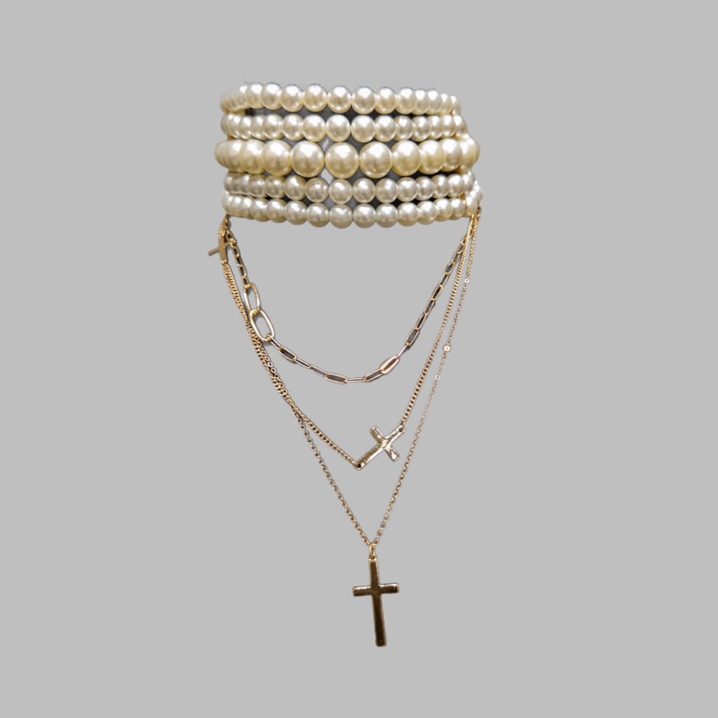 Layered Pearl and Cross pendant necklace set - Trufacebygrace