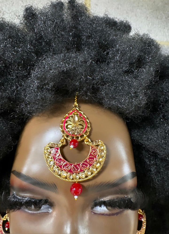 Maang tikka head piece and Ruby Red Earrings Set - Trufacebygrace