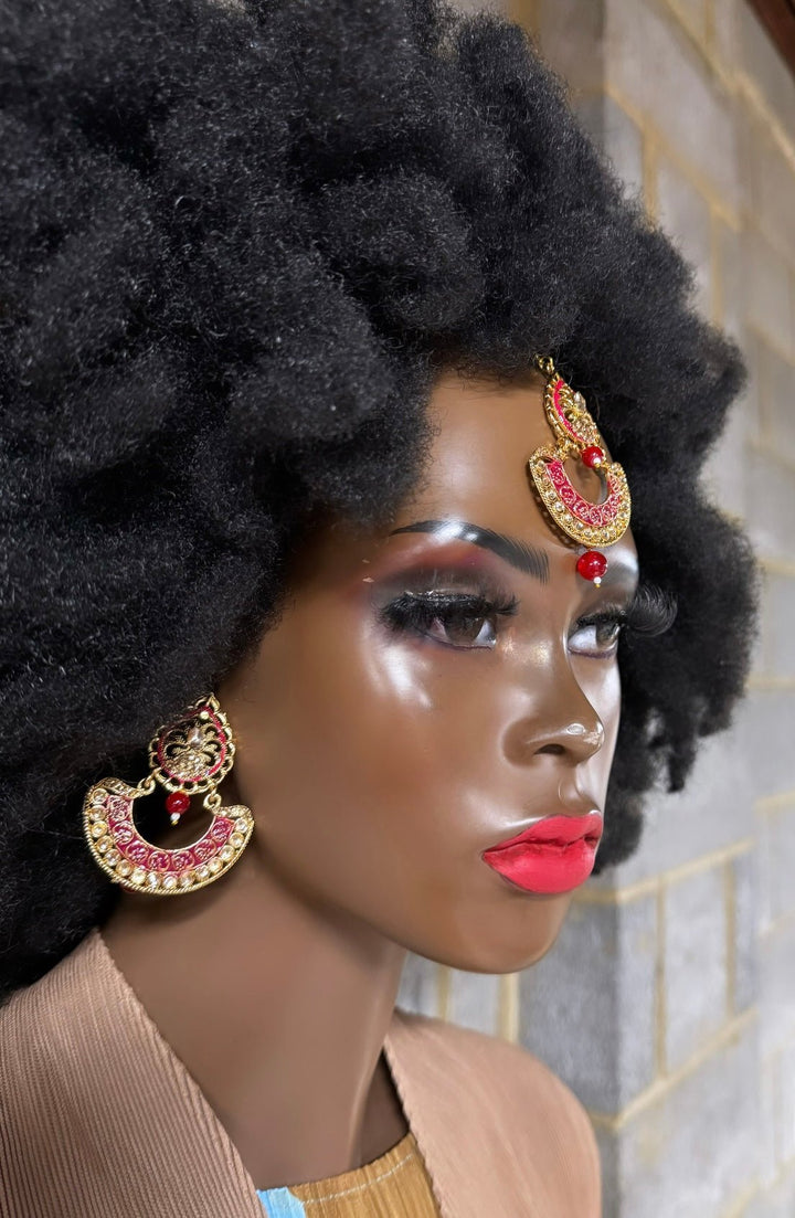 Maang tikka head piece and Ruby Red Earrings Set - Trufacebygrace