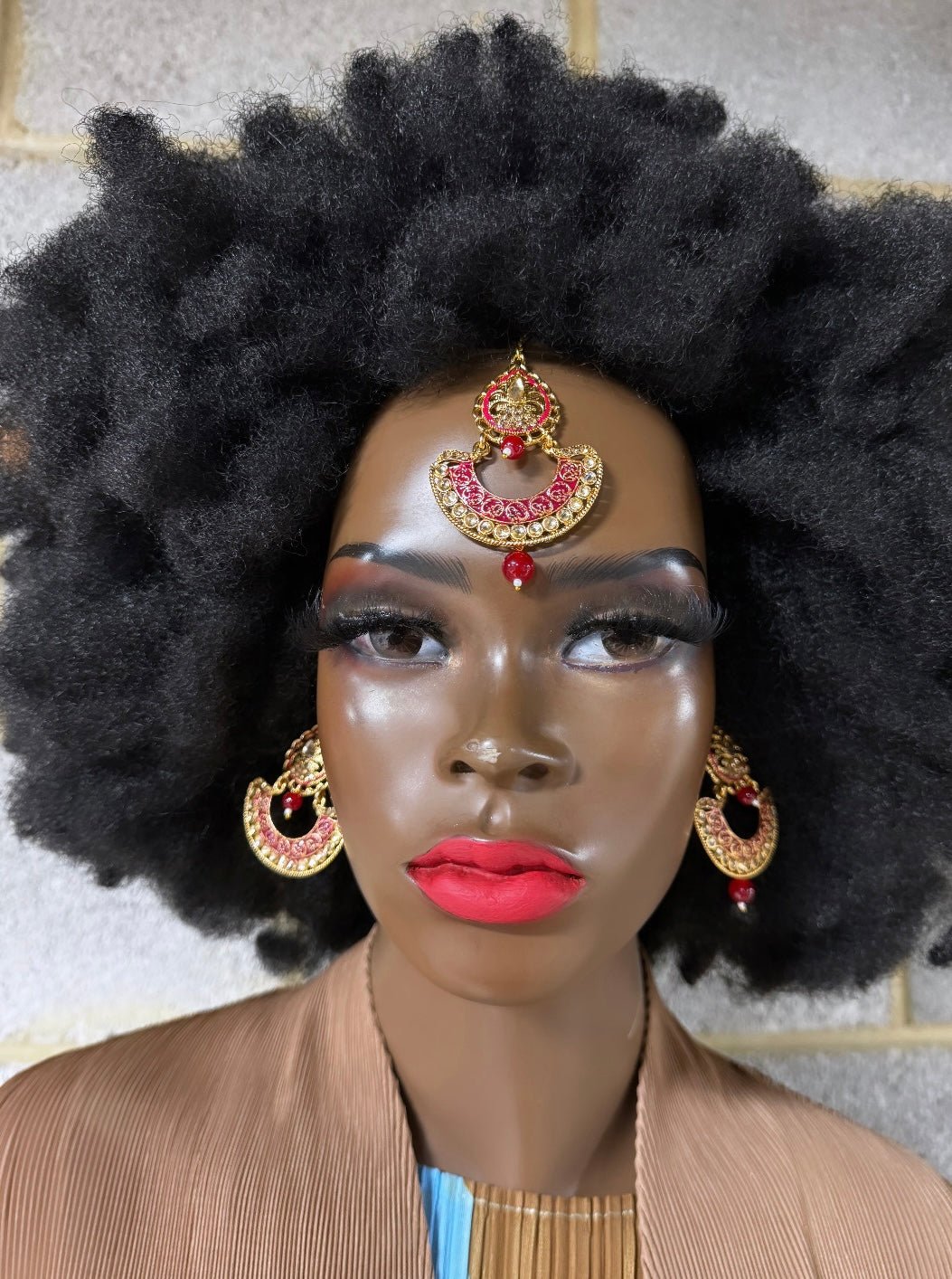 Maang tikka head piece and Ruby Red Earrings Set - Trufacebygrace