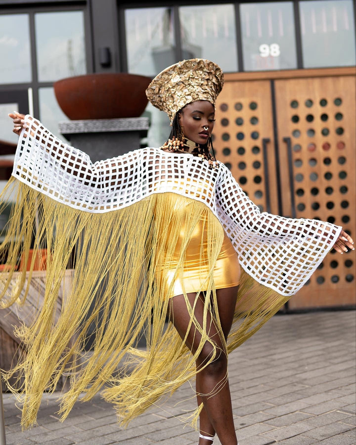 Makeda, Queen of Sheba Royal Cover - up - White / Gold Fringe - Trufacebygrace